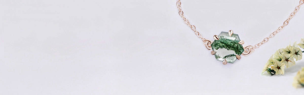 bracelet de cheville en agate mousse hexagonale sertie d'or rose
