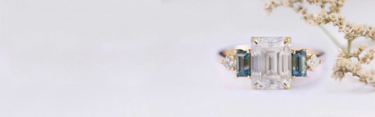 moissanite emerald cut engagement rings with diamonds and gemstones