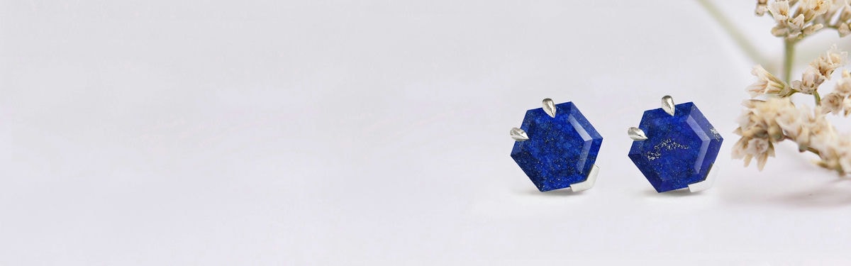 hexagon lapis lazuli earrings in white gold