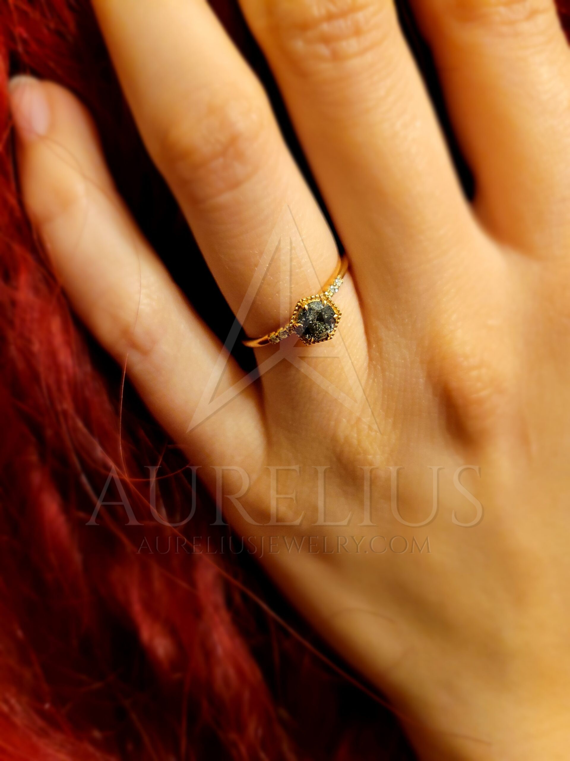 Vera Hexagon Moss Agate Engagement Ring And Open Marquise Diamond Wedding Ring Set Aurelius 