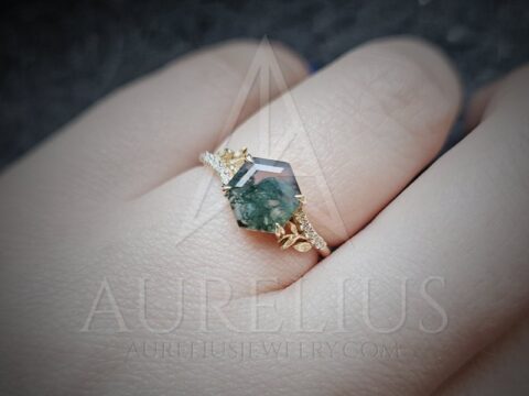 Leafy Moss Agate Engagement Ring