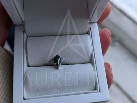 Elongated Kite Salt and Pepper Diamond Engagement Ring with Marquise Side Diamonds