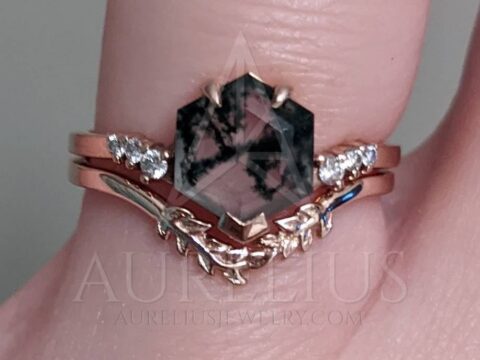 Verona Hexagon Moss Agate Ring Set with Leaf Wedding Band