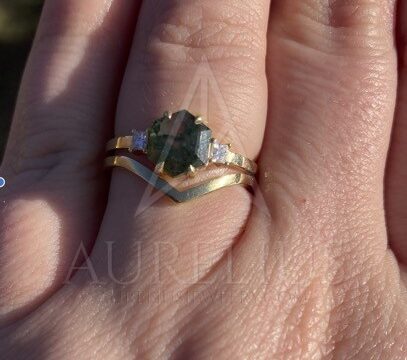 Hexagon Moss Agate and Princess Diamond Ring Set with Chevron Wedding Band
