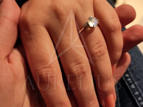 Hexagon Moonstone and Diamond Engagement Ring