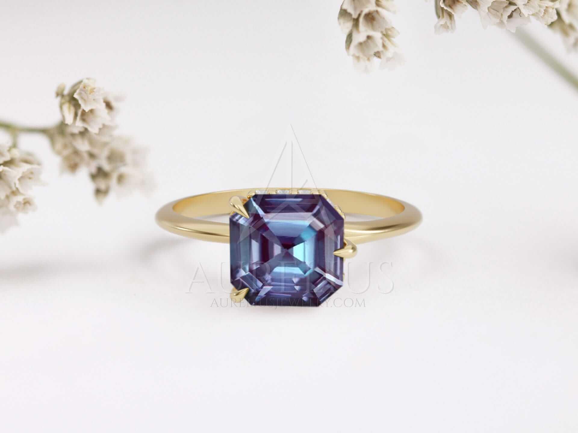Hidden Halo Engagement Ring with Asscher Cut Alexandrite - Alicia