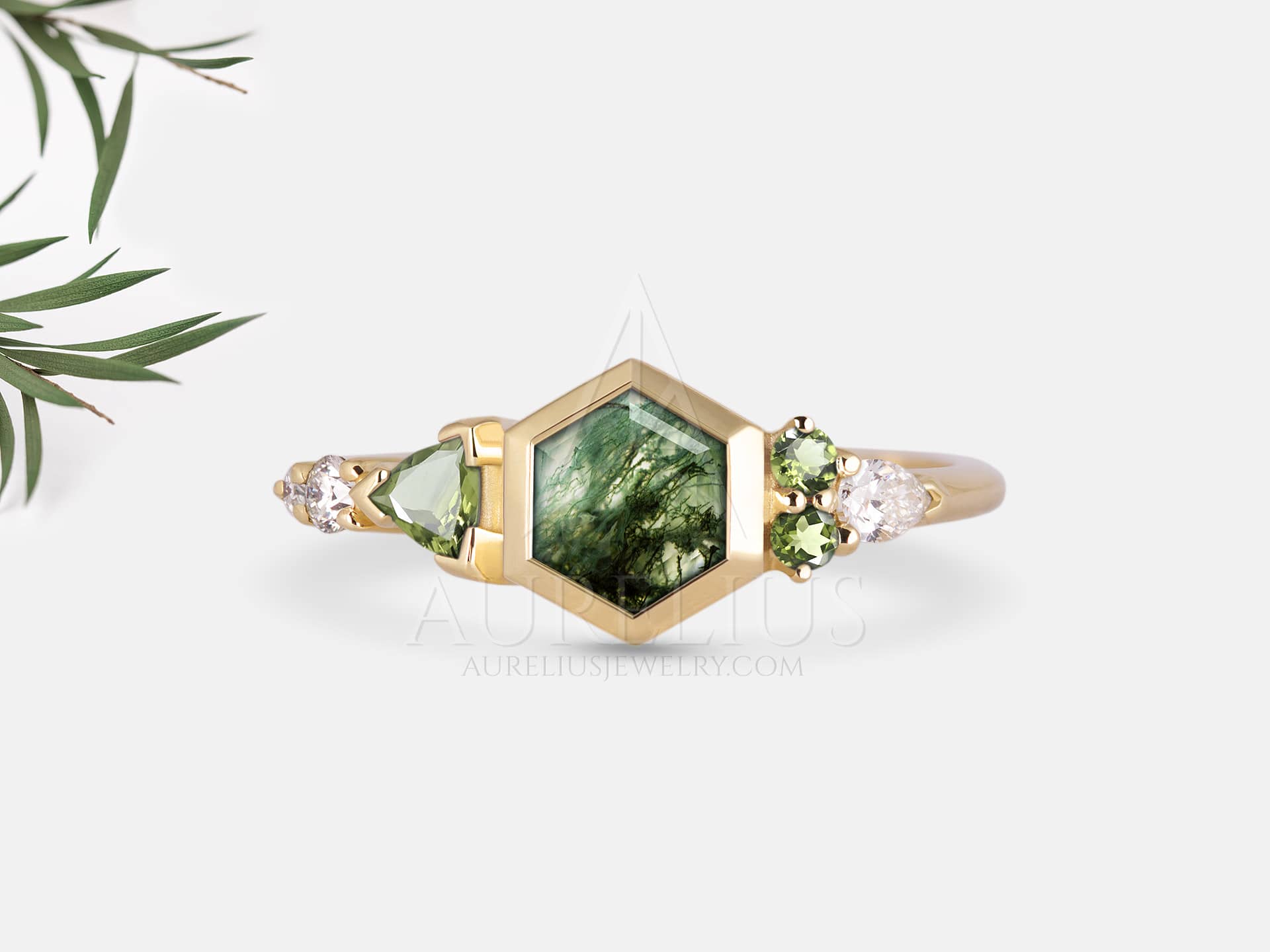 Asymmetrical Engagement Ring with Moss Agate - Verena