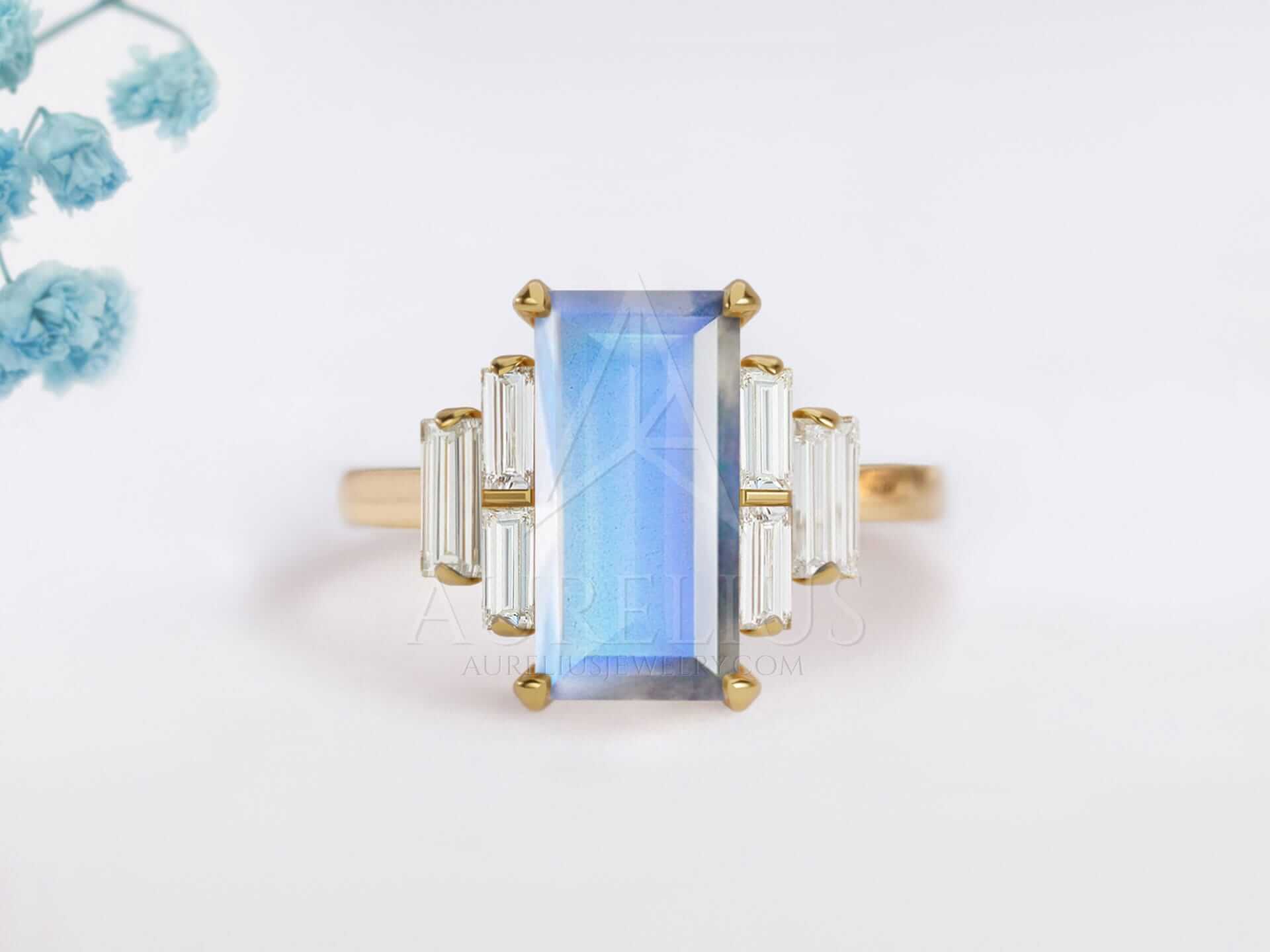 Art Deco Engagement Ring Baguette Moonstone - Artemis