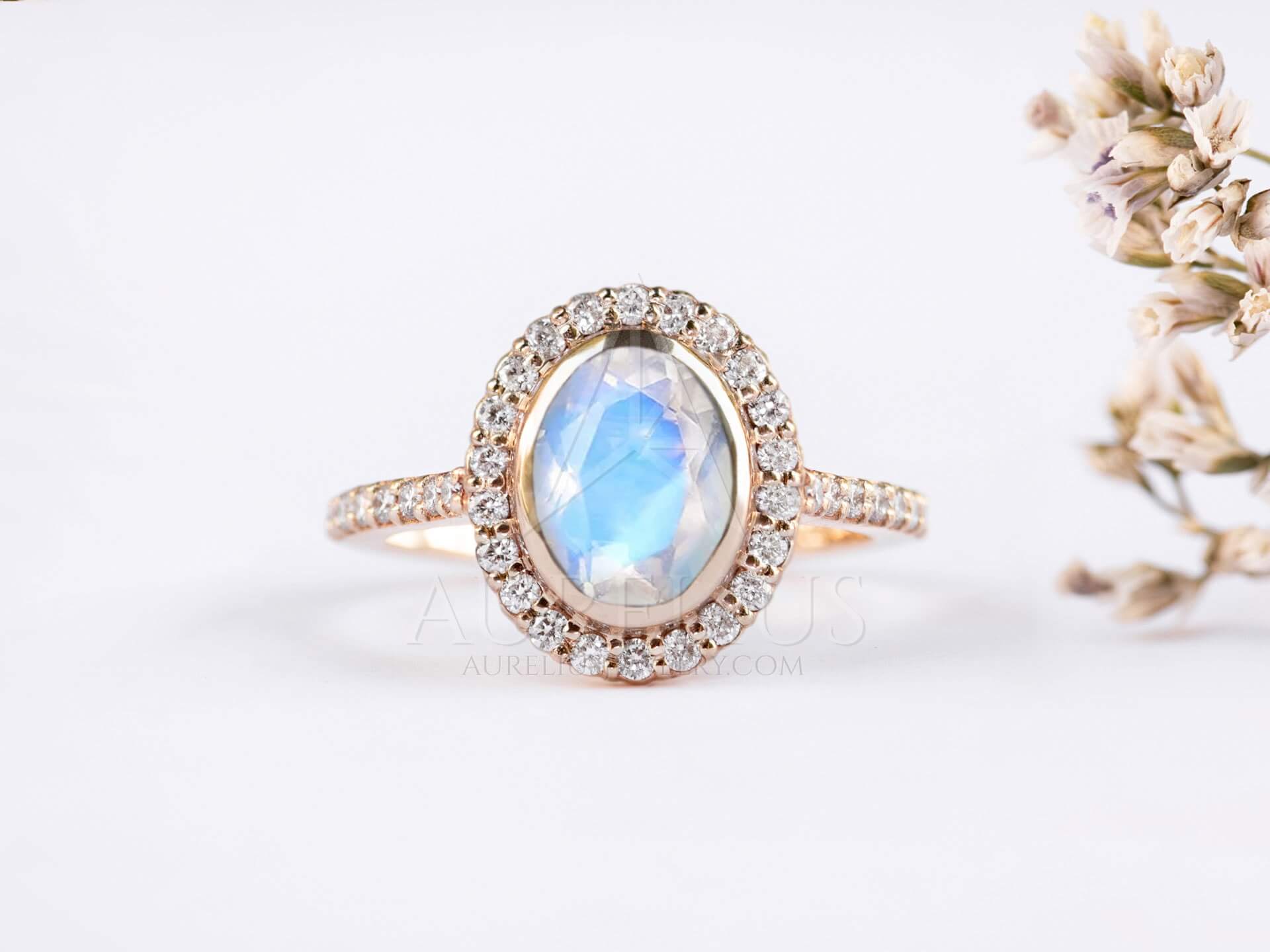Moonstone Oval Halo Engagement Ring - Luna