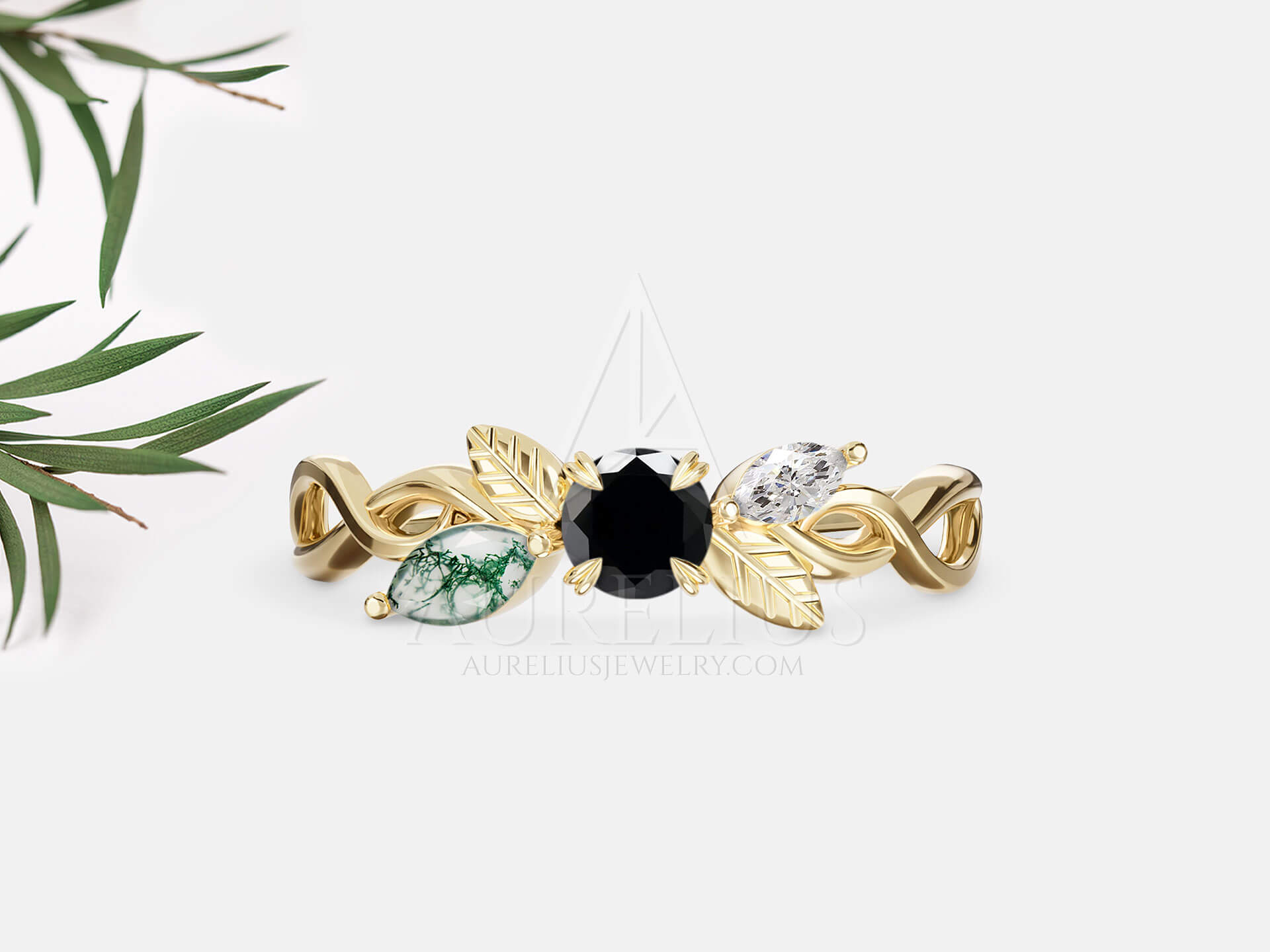 Black Diamond and Moss Agate Vine Ring - Cordelia