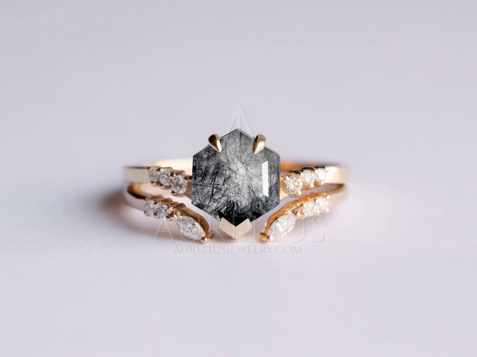 black rutilated quartz engagement ring set