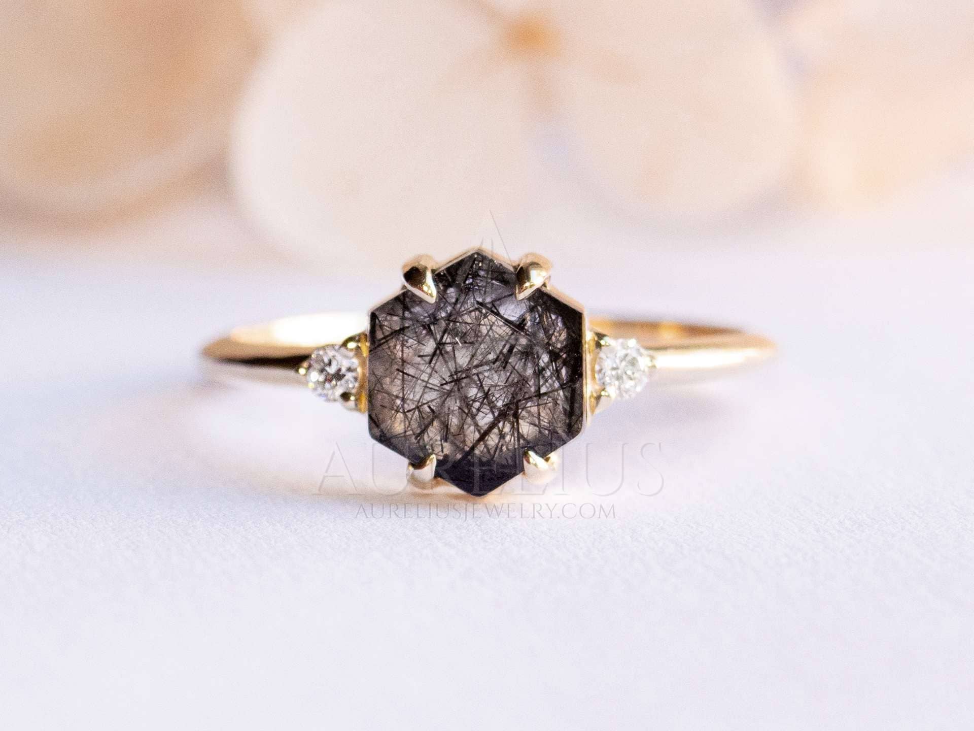 Art Deco Black Rutile Engagement Ring Vintage Black Rutile Unique Wedding Ring Women Halo Engagement Ring 14k Gold Black Quartz Bridal Ring