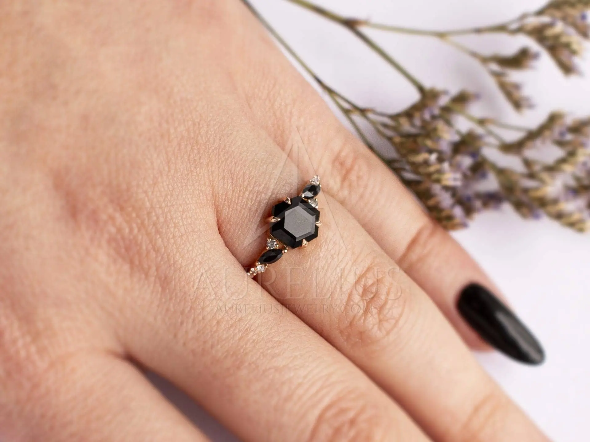 Black Onyx Engagement Ring- 14k Rose Gold Finish Black Onyx Wedding Ring  Set | eBay