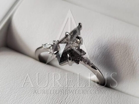 Elongated Kite Salt and Pepper Diamond Engagement Ring with Marquise Side Diamonds