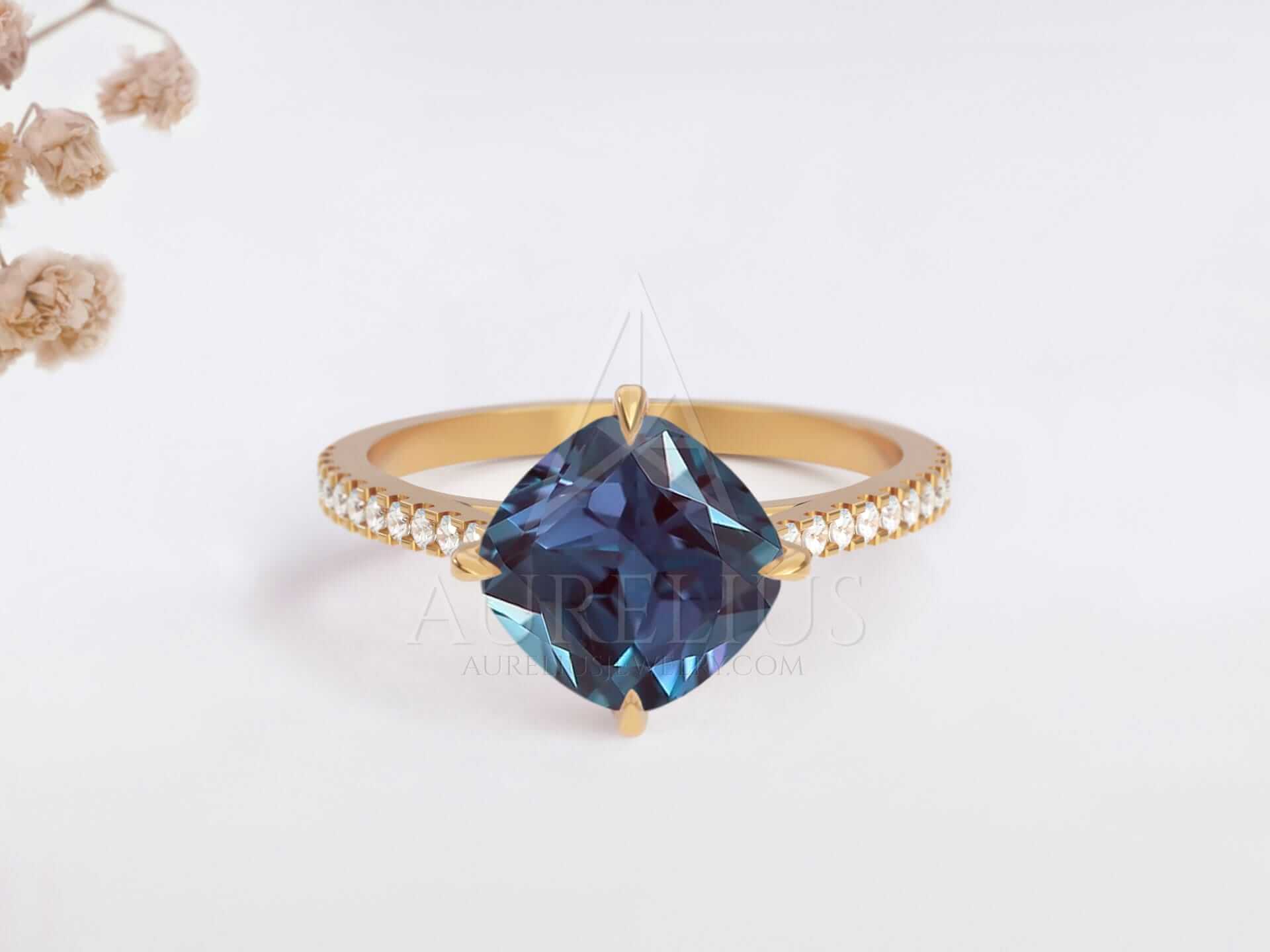 Alexandrite Cushion Cut Engagement Ring Hidden Halo - Adelia