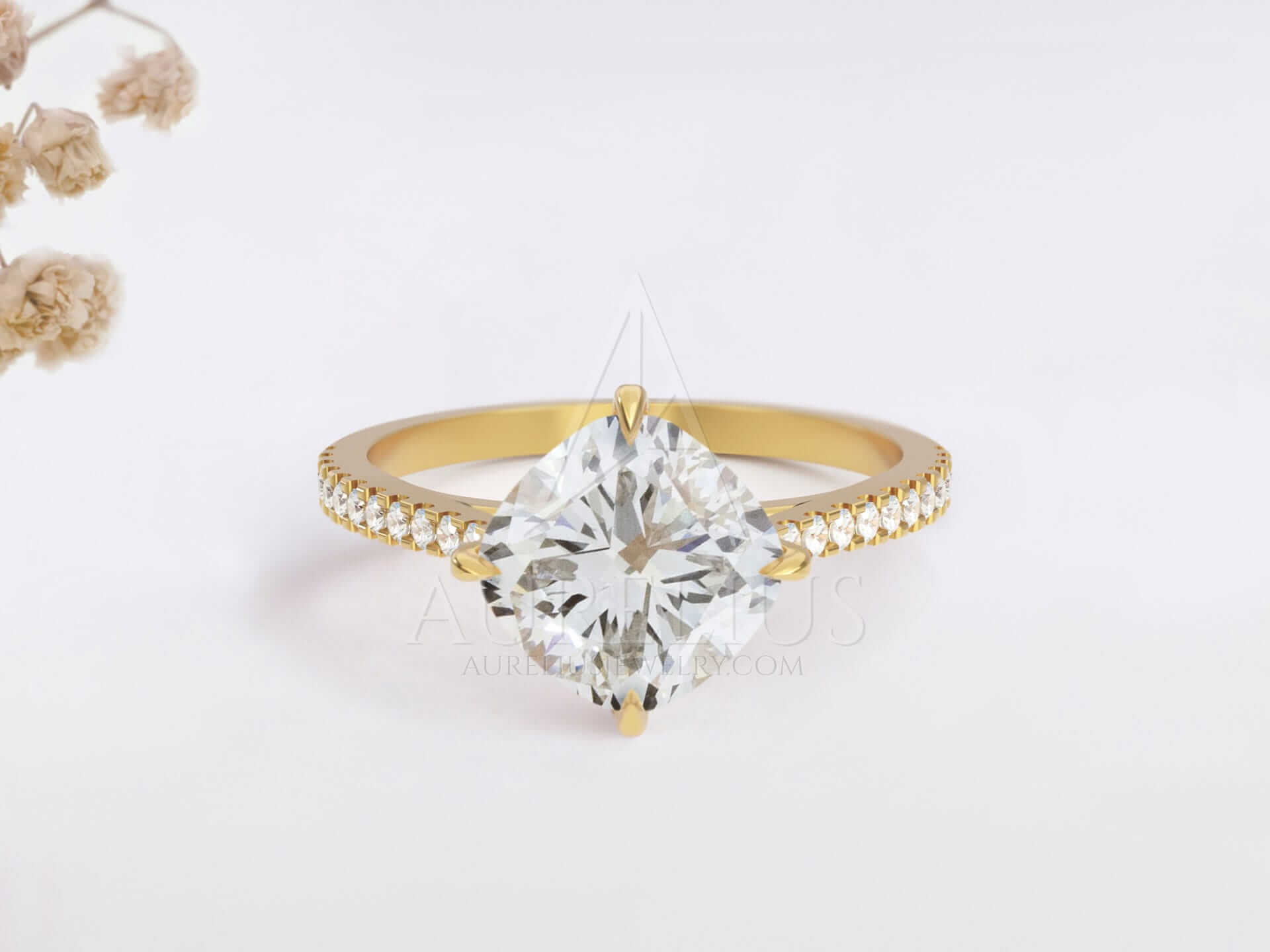 Hidden Halo Engagement Ring with Cushion Cut Moissanite - Dove