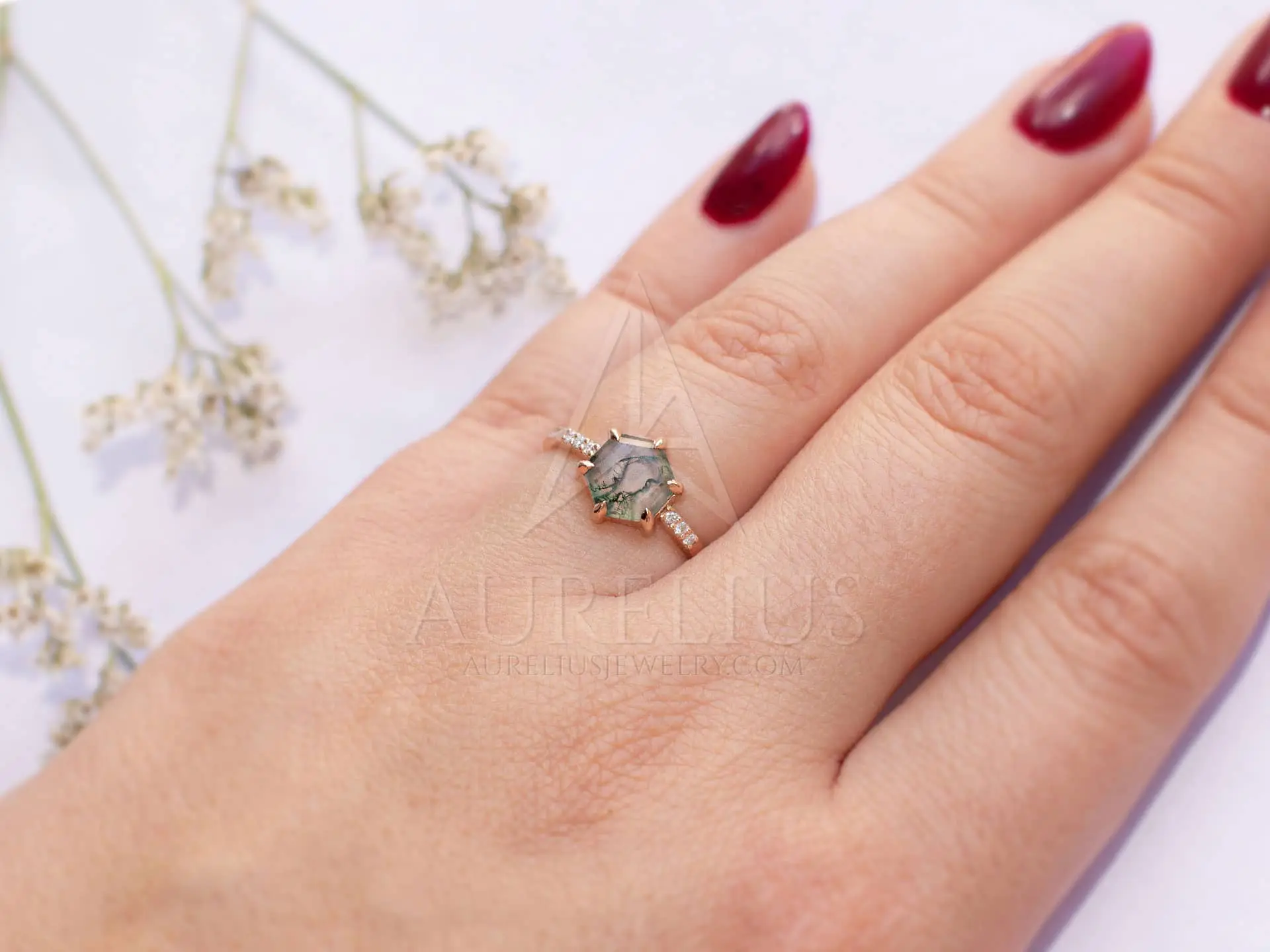 6-Prong Hexagon Moss Agate and Diamond Engagement Ring - Aurelius