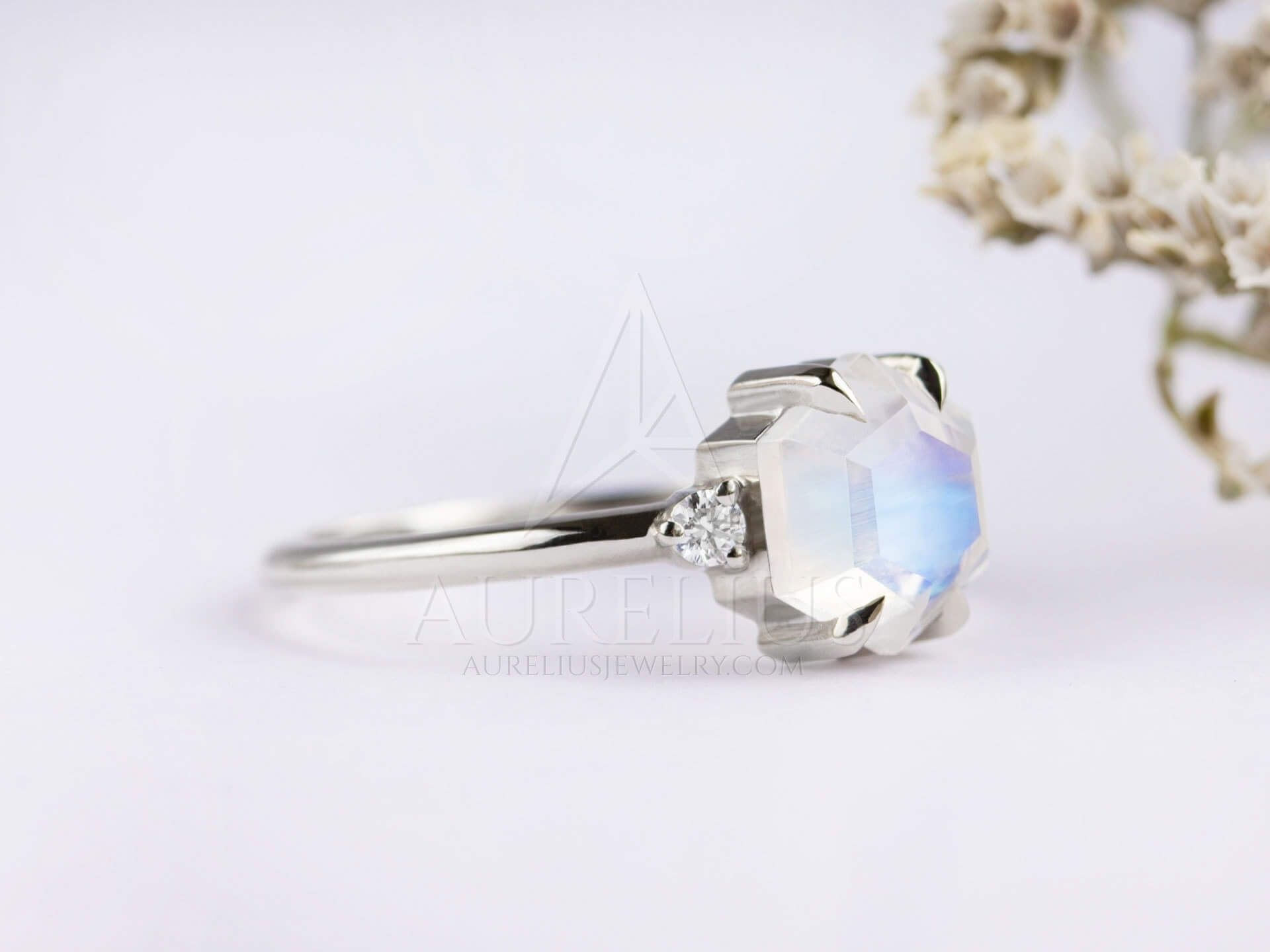 Three Stone Engagement Ring with Hexagon Moonstone - Diana - Image 5