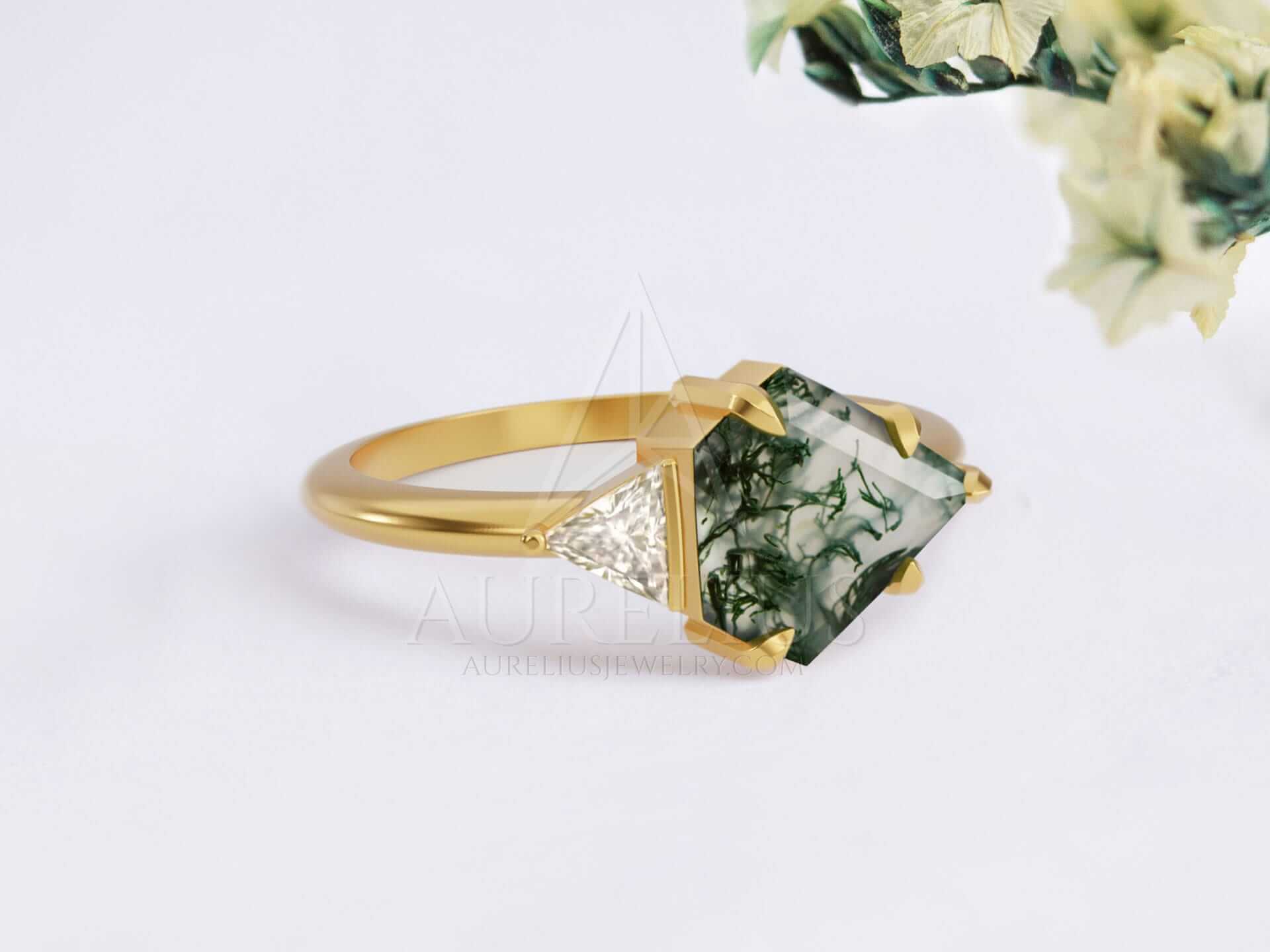 Two Stone Engagement Ring with Diamond Shaped Moss Agate - Tessa - Image 3