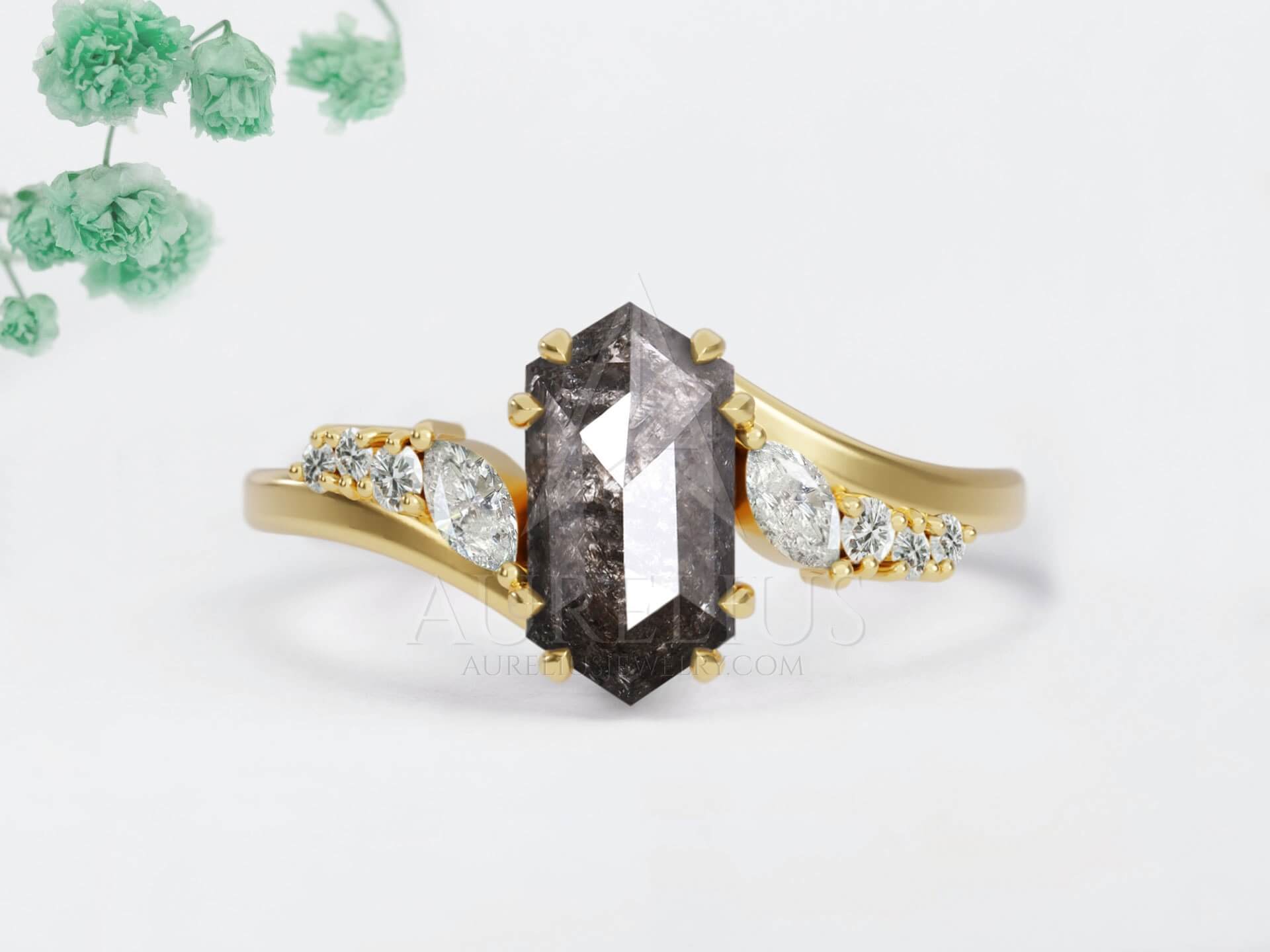 Elongated Hexagon Engagement Ring with Salt and Pepper Diamond - Neera