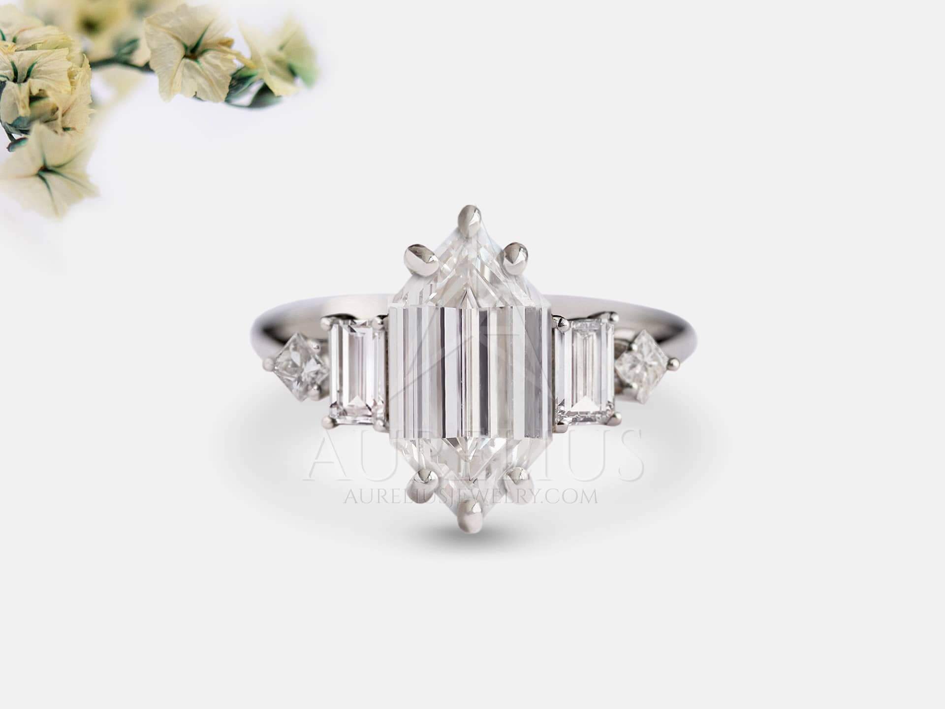 Elongated Hexagon Engagement Ring with Moissanites - Denise