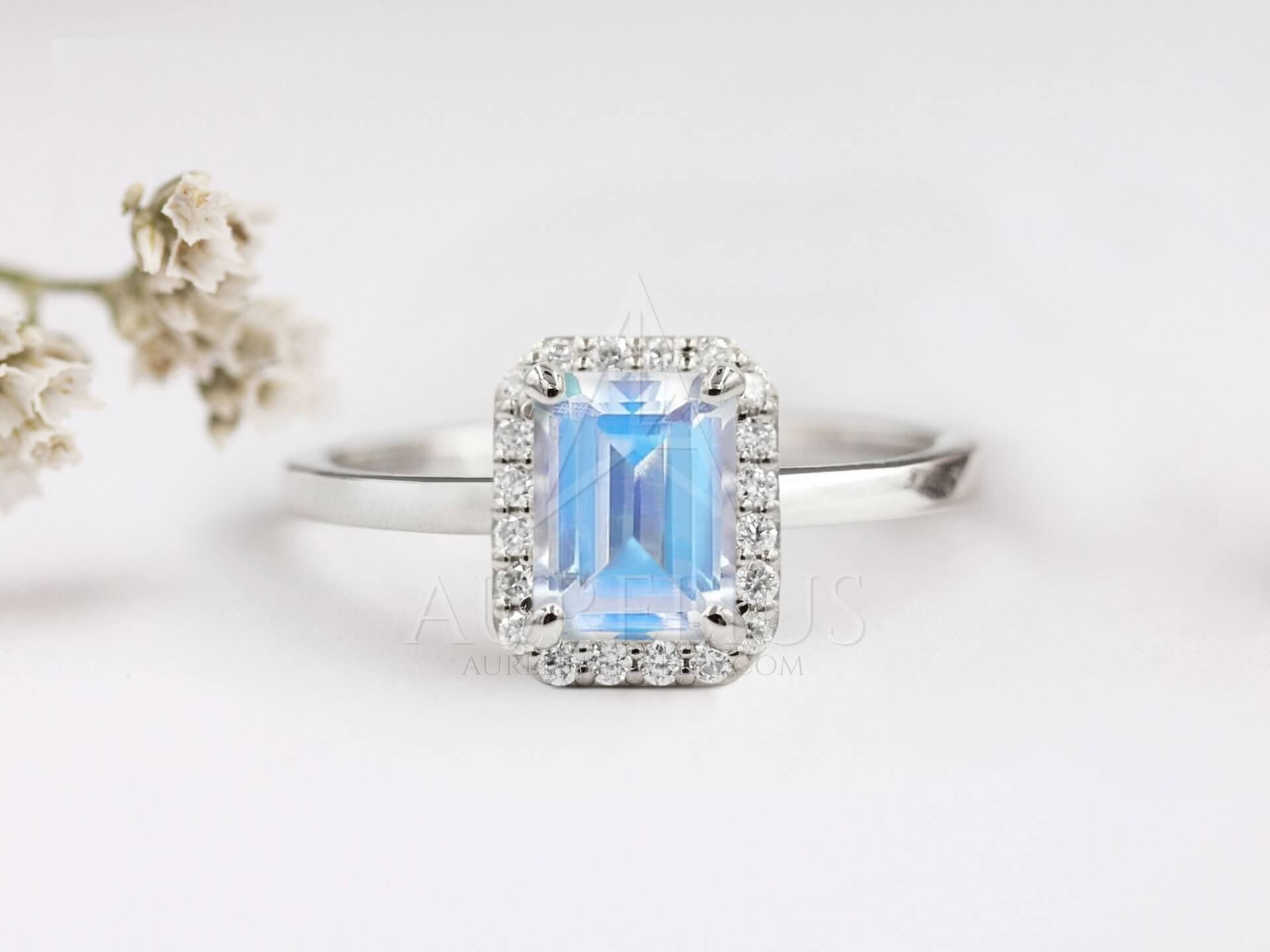 Emerald Cut Moonstone Halo Engagement Ring - Delphine