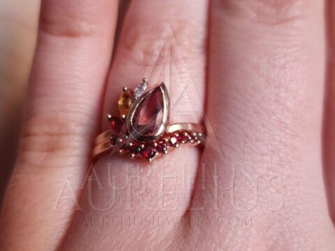 Fire Element - Pear Orange Sapphire and Garnet Wedding Ring Set