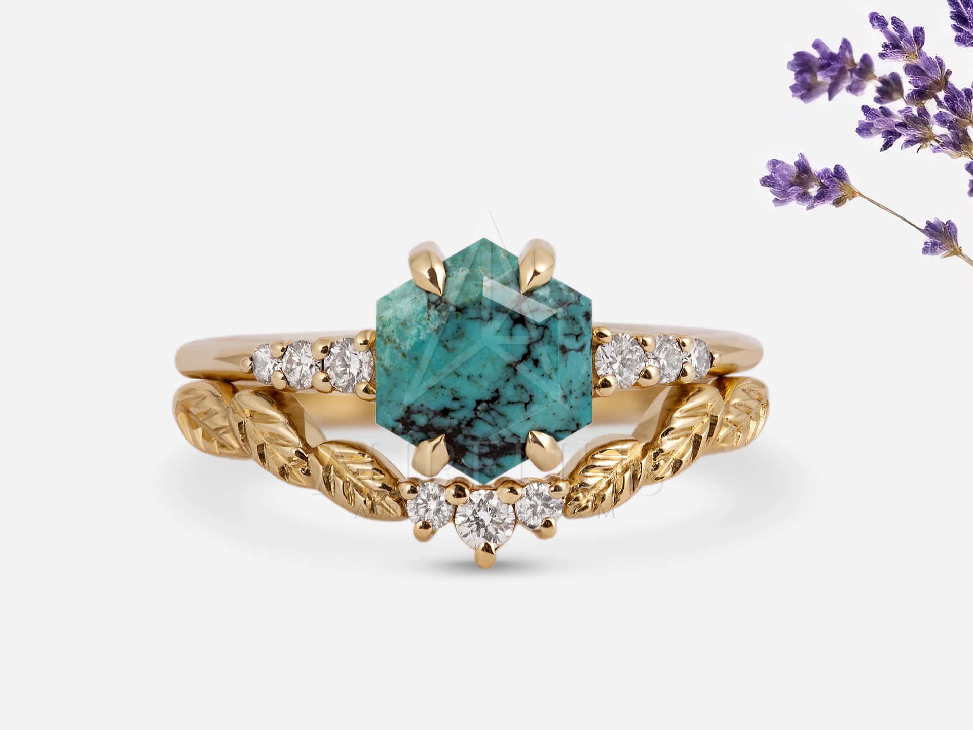 Floral Turquoise Wedding Ring Set - Nerissa