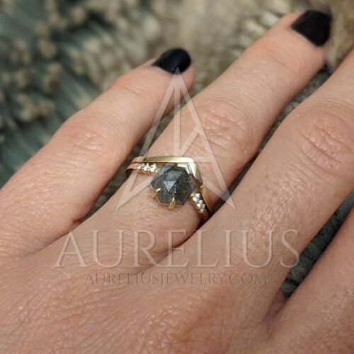 V-Shaped Hexagon Salt and Pepper Diamond Engagement Ring Set with Chevron Band photo review