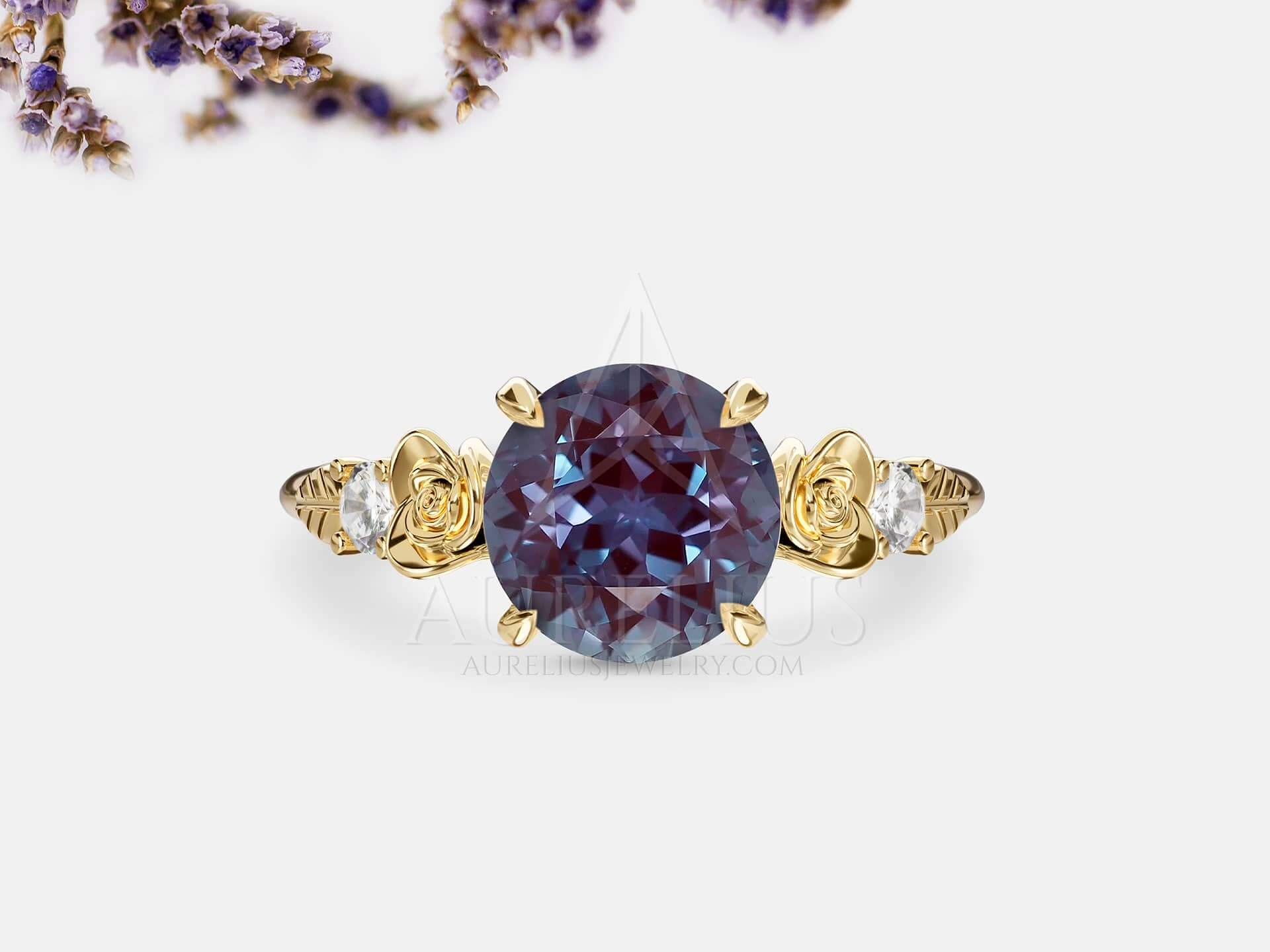 Golden Rose Engagement Ring with Round Alexandrite - June