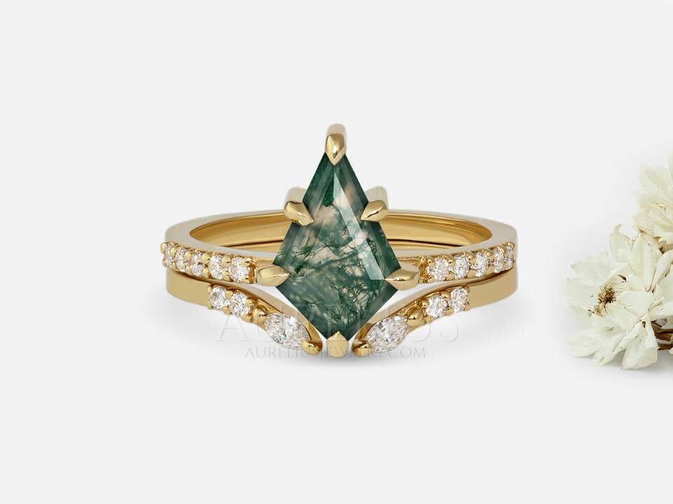 Kite Moss Agate Engagement Ring Set - Vanessa