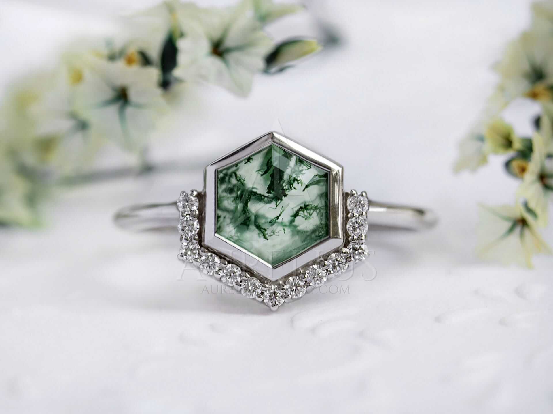 Half Halo Engagement Ring with Hexagon Cut Moss Agate - Vanya