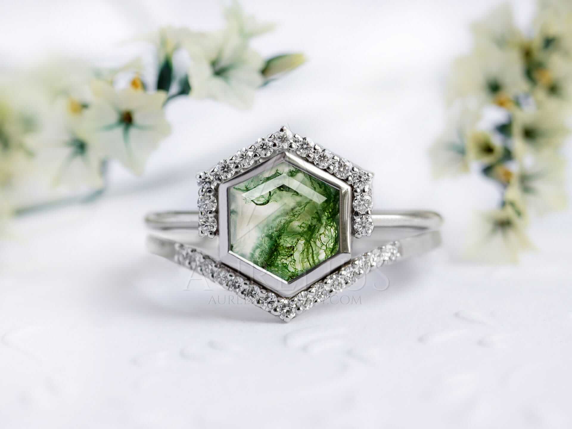 Moss Agate Engagement Ring Set with Diamond Half Halo - Vanya