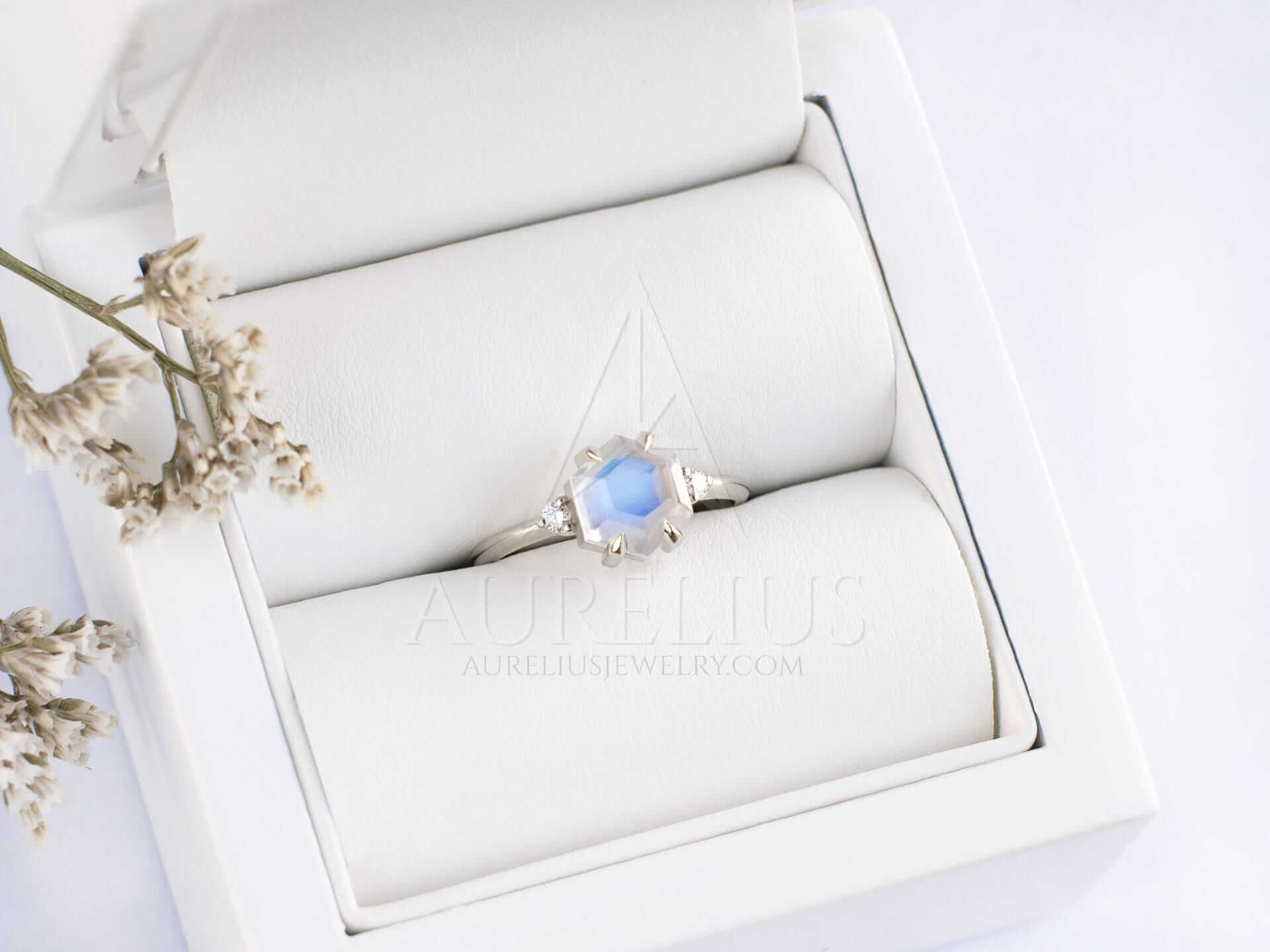 Three Stone Engagement Ring with Hexagon Moonstone - Diana - Image 3