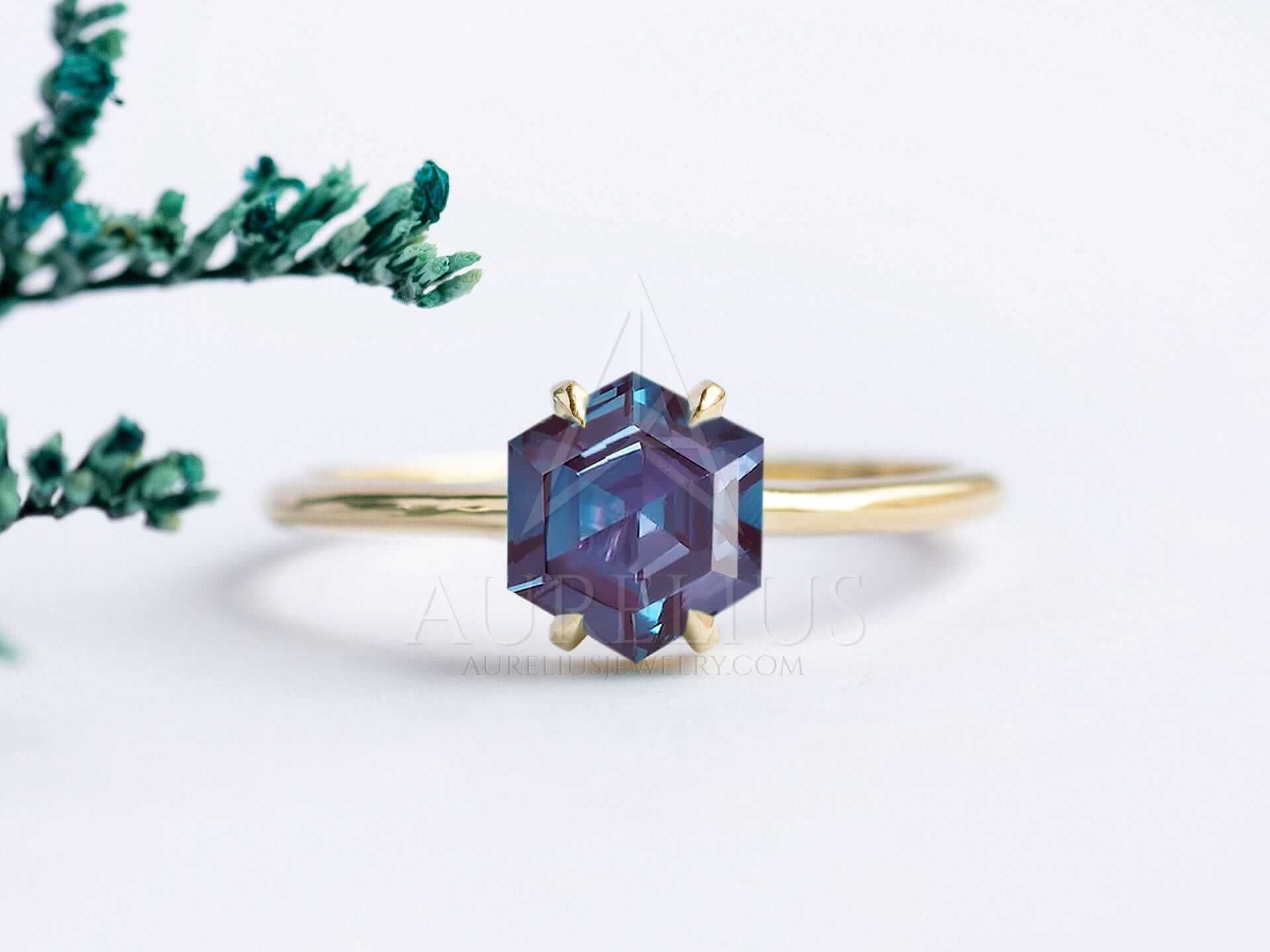 Alexandrite Engagement Ring Hexagon Cut Solitaire - Aleena