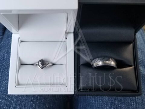V-Shaped Hexagon Salt and Pepper Diamond Engagement Ring Set with Chevron Band