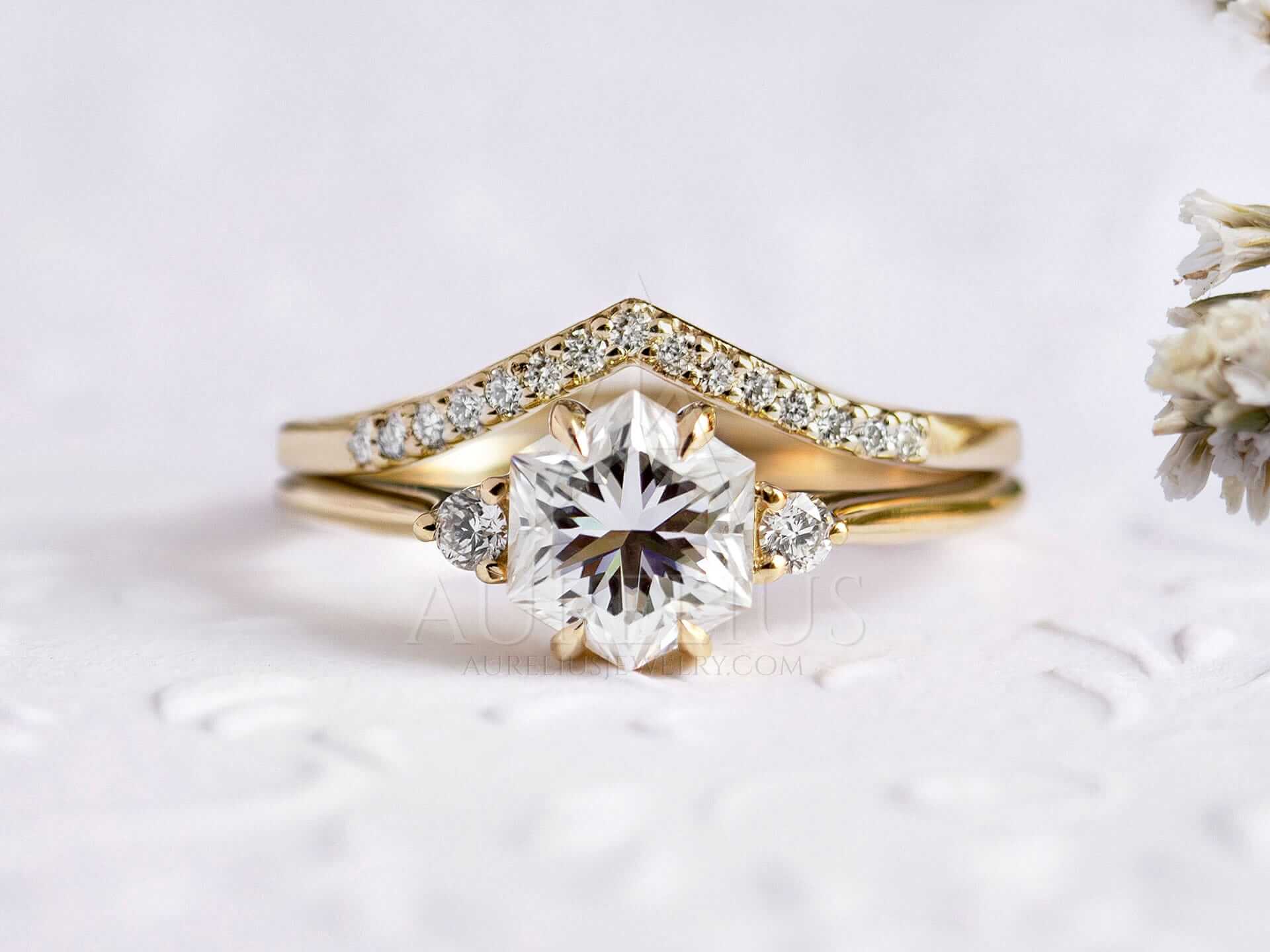 Moissanite Hexagon Engagement Ring Set with Chevron Eternity Band - Lily