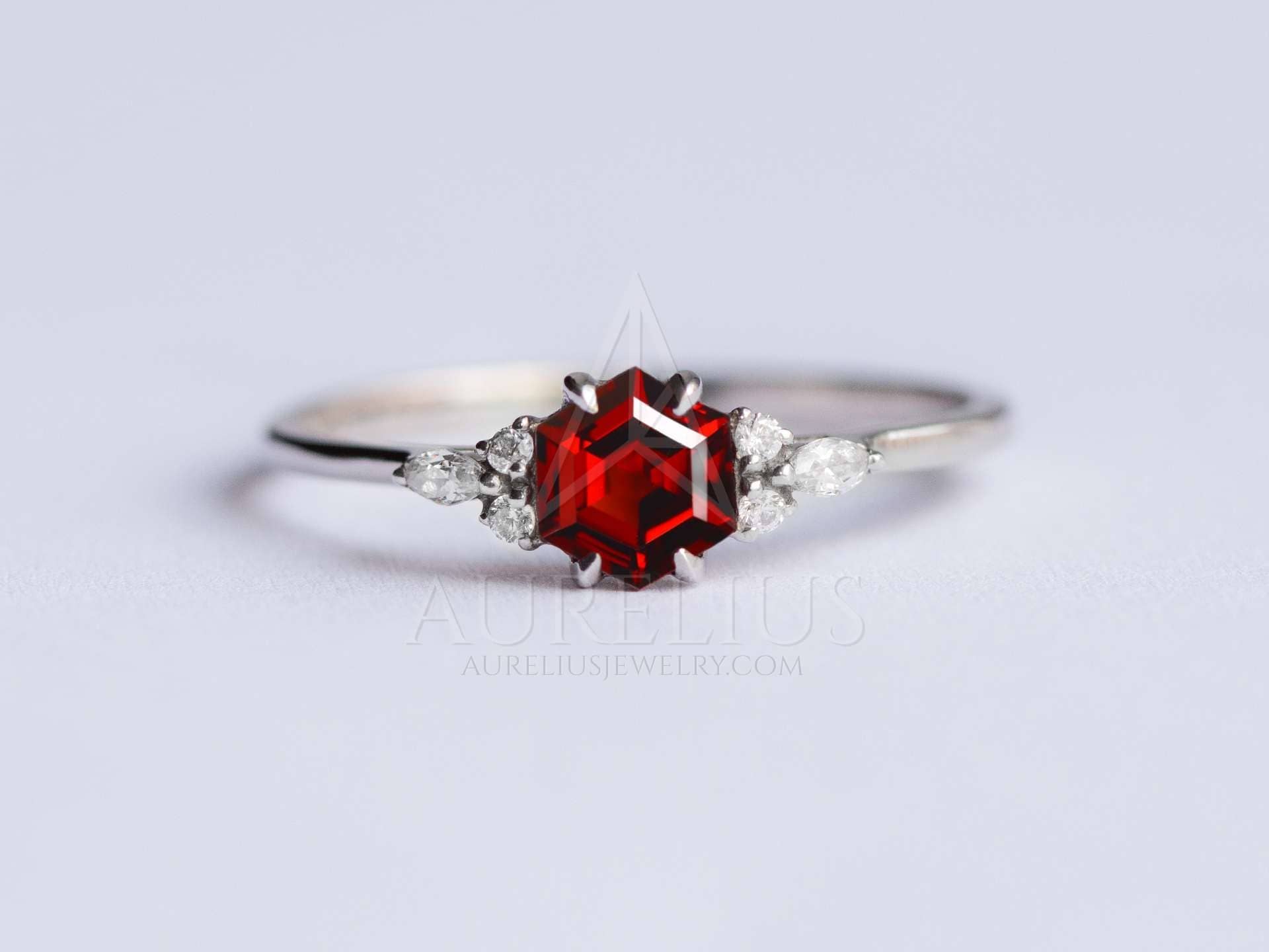 Hexagon Garnet And Diamond Engagement Ring - Aurelius Jewelry