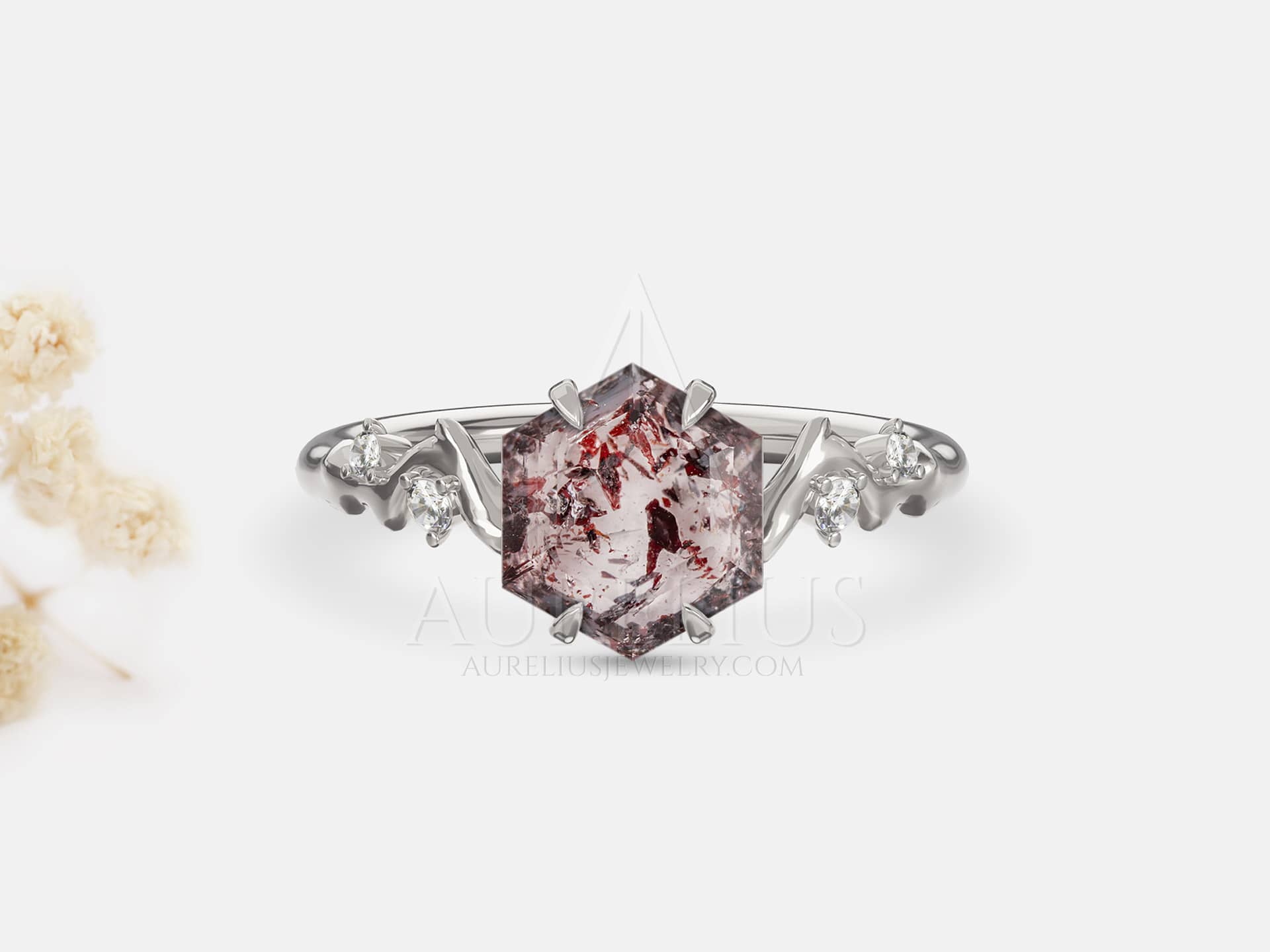 Hexagon Lepidocrocite Quartz Engagement Ring - Roxanne