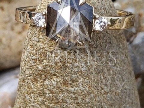 Three-Stone Hexagon Salt and Pepper Diamond Engagement Ring