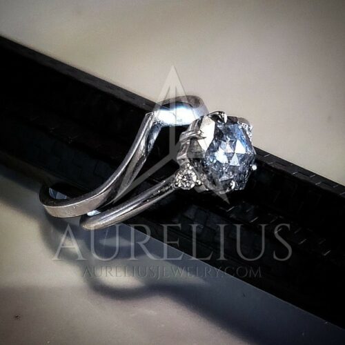 Three-Stone Hexagon Salt and Pepper Diamond Engagement Ring Set with Chevron Band photo review