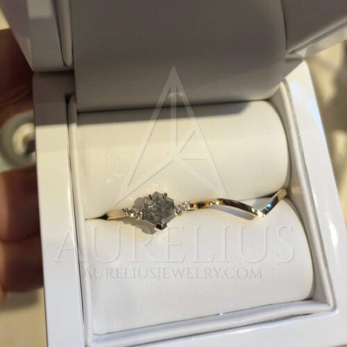 V-Shaped Hexagon Salt and Pepper Diamond Engagement Ring Set with Chevron Band photo review