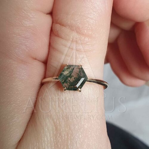 Horizontally Set Hexagon Moss Agate Solitaire Ring photo review