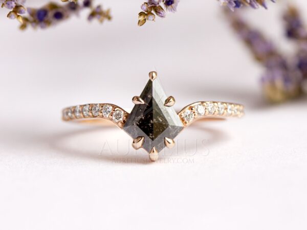 Elongated Kite Salt and Pepper Diamond Engagement Ring with Marquise ...