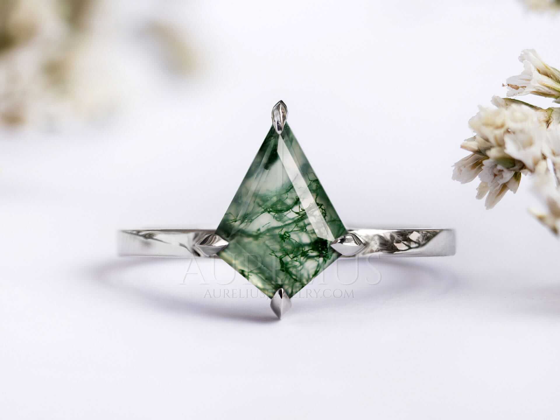 Moss Agate Engagement Ring Solitaire Kite Cut - Vivian