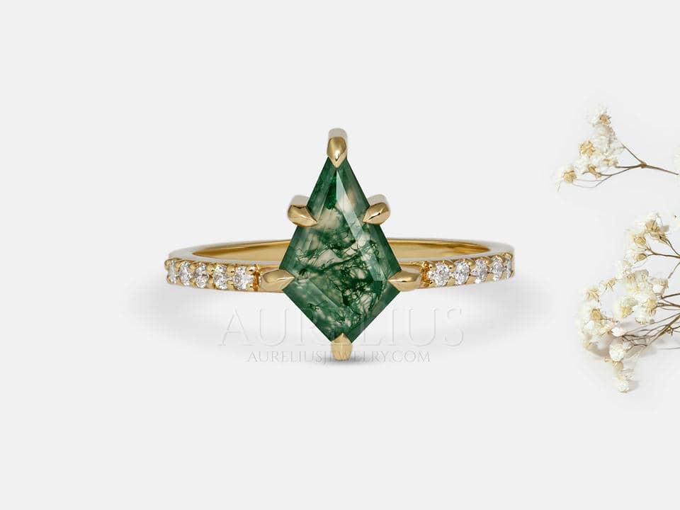 Kite Moss Agate Engagement Ring with Half Eternity Band - Vanessa