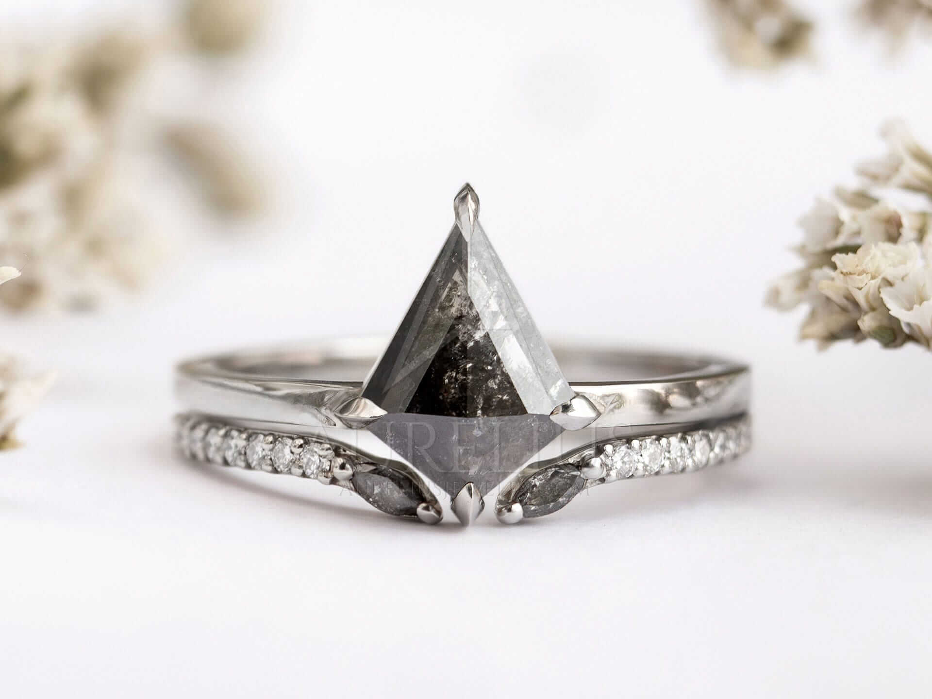 Kite Shaped Engagement Ring Set with Open Eternity Band - Griselda