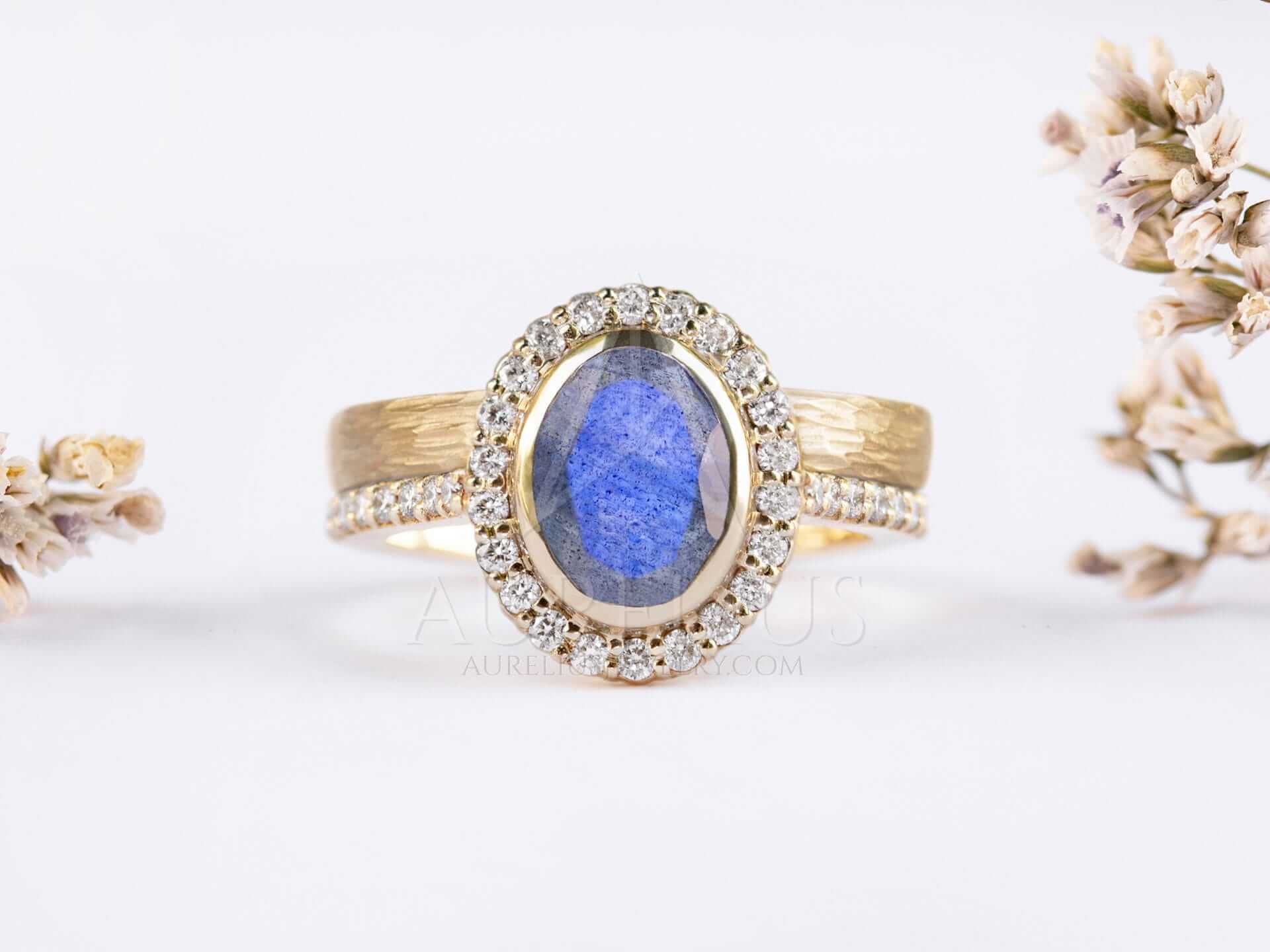 Labradorite Halo Engagement Ring With Wedding Band - Carol