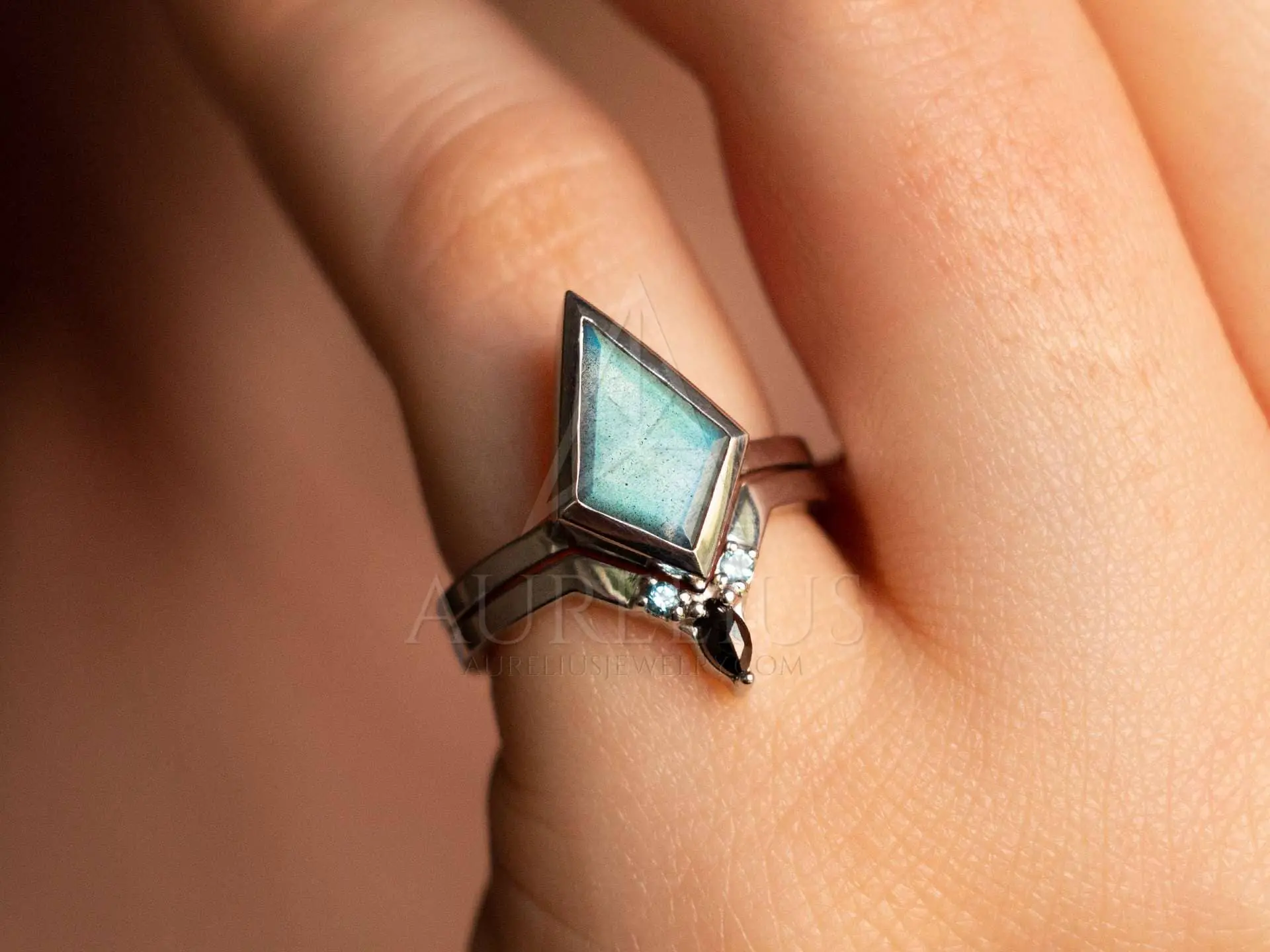 Kite Labradorite and Black Diamond Ring Set - Aurelius Jewelry