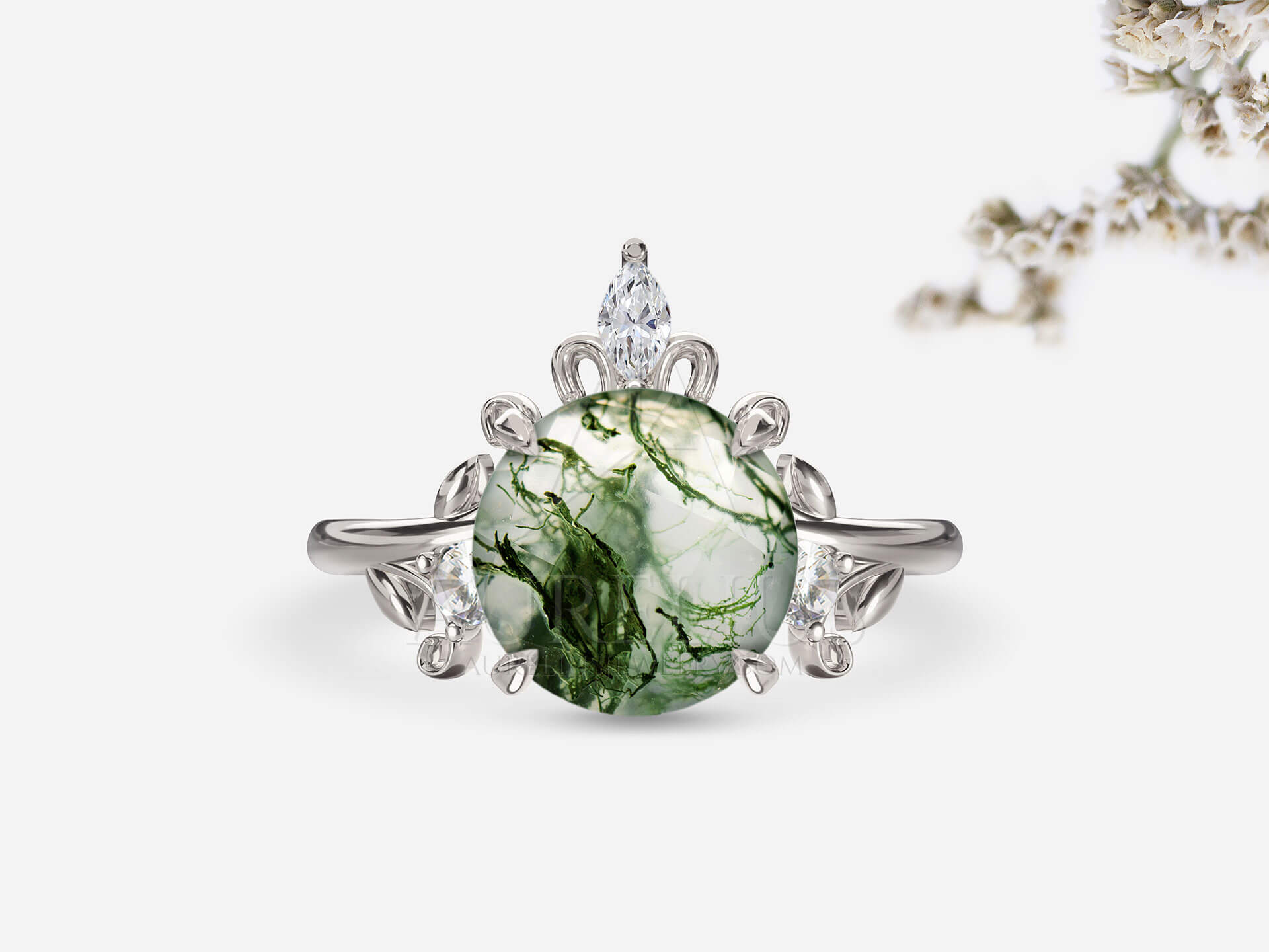 Leaf and Vine Engagement Ring with Moss Agate - Marlo